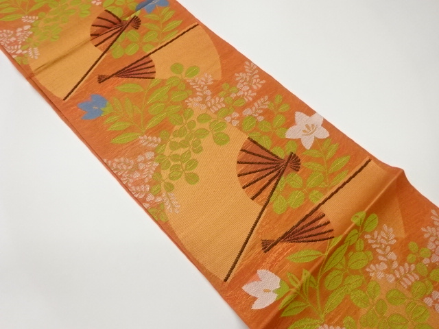 織悦製　紗 扇に桔梗・萩模様織出し全通袋帯